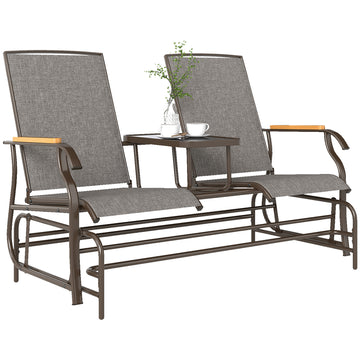 Outdoor 2-Person Glider Bench, Outside Swing Glider Chair Loveseat with Breathable Mesh, Table, Steel Frame, Light Mixed Brown