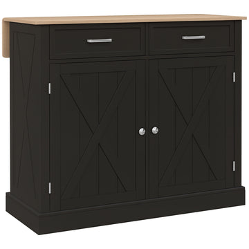 Rolling Kitchen Island with Drop Leaf Wood Breakfast Bar, Farmhouse Kitchen Cart with 2 Drawers, Adjustable Shelves for Dining Room, Black