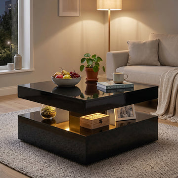 Table basse à DEL avec rangement, table centrale moderne à 2 niveaux avec étagère ouverte et télécommande pour salon, noir très lustré