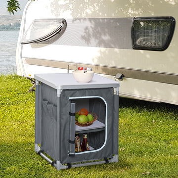 Camping Kitchen Station, Aluminum Camping Table Cook Cupboard with 2-Shelf and Carrying Bag for BBQ Party Picnics, Grey