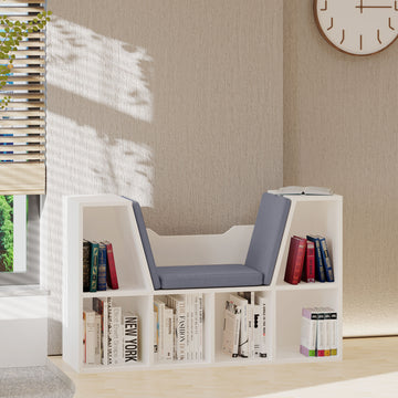 6-Cubby Bookcase with Seat Cushion, Cube Storage Shelf with Reading Nook for Home Office, Study, Grey