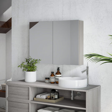 Bathroom Mirror Cabinet, Wall-Mounted Storage Organizer with Double Doors, Adjustable Shelf, Grey