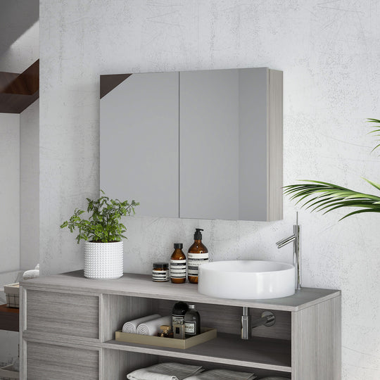 Bathroom Mirror Cabinet, Wall-Mounted Storage Organizer with Double Doors, Adjustable Shelf, Grey
