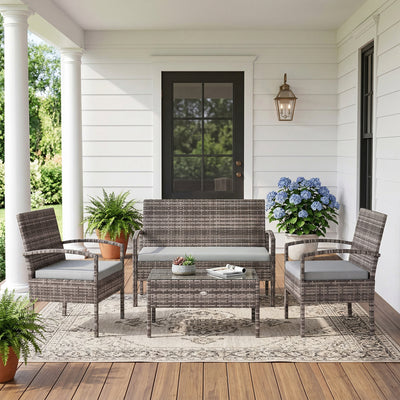 4 Pieces Patio Furniture Set with A Loveseat, Two Armchairs and A Coffee Table, Outdoor Conversation Set