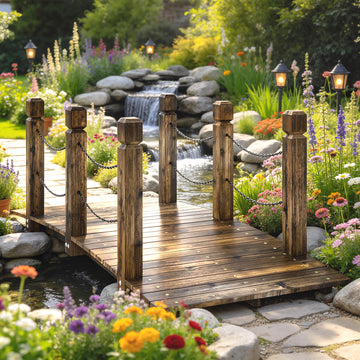 Garden Bridge Carbonized Wood Decorative Footbridge with Chain Handrails for Backyard Walkway 5ft Carbonized