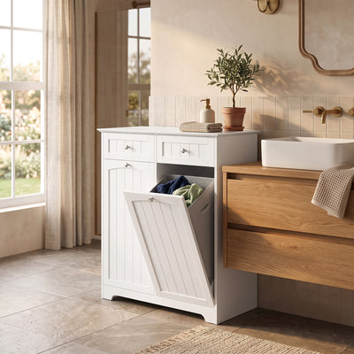 Laundry Cabinet with 2 Removable Laundry Bags, Tilt-Out Laundry Hamper with 2 Drawers, White