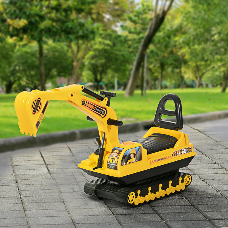 Qaba Kids Ride-on Excavator with Digger, Pretend Play Construction Truck with Under Seat Storage, Realistic Sound, Treaded Wheels, No Power Design