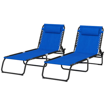 2 PCs Folding Lounge Chairs, Adjustable Chaise Lounge with Headrest, Reclining Lounger Cot for Camping, Hiking, Blue