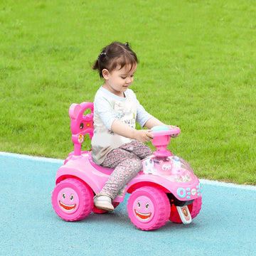 Qaba Toddlers Push Car with Horn, Light, Music, Anti-Over-Backwards Device, Steering Wheel, Under Seat Storage, Pink