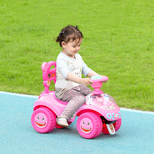 Toddlers Push Car with Horn, Light, Music, Anti-Over-Backwards Device, Steering Wheel, Under Seat Storage, Pink