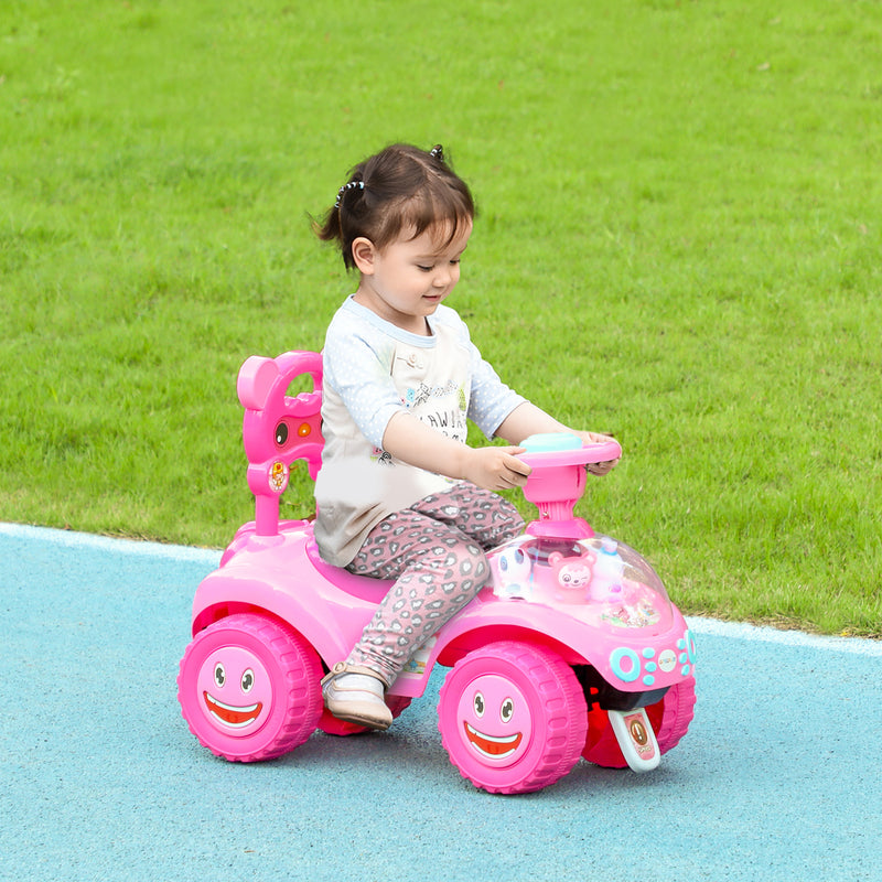 Qaba Toddlers Push Car with Horn, Light, Music, Anti-Over-Backwards Device, Steering Wheel, Under Seat Storage, Pink