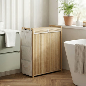 Bamboo Laundry Hamper with Removable Drawstring Bag and Side Storage Pockets, 32 Gal, Natural
