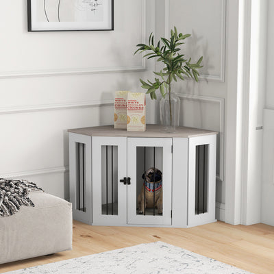 Dog Crate Furniture with Cushion, 41 Inch Corner Design Dog Crate End Table for Medium Dogs, Multi Colour