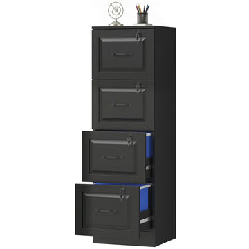 4 Drawer File Cabinet with Lock, Vertical Filing Cabinet with Adjustable Hanging Bars for A4 and Letter Size, Black
