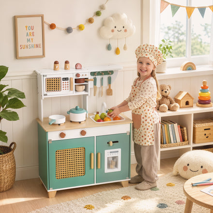Wooden Play Kitchen Set with Microwave, Coffee Machine, Ice Maker & 19PCs Accessories, Gift for Ages 3-6 Years, Green