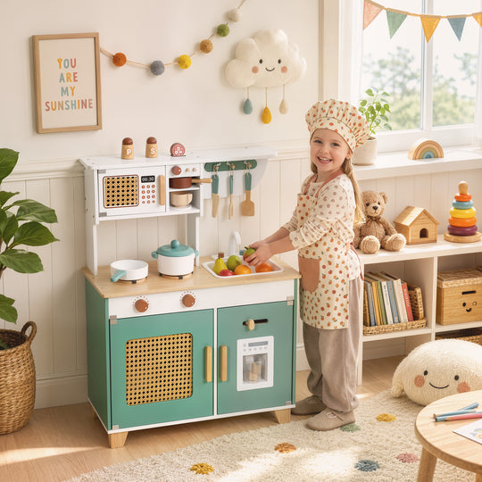 Wooden Play Kitchen Set with Microwave, Coffee Machine, Ice Maker & 19PCs Accessories, Gift for Ages 3-6 Years, Green