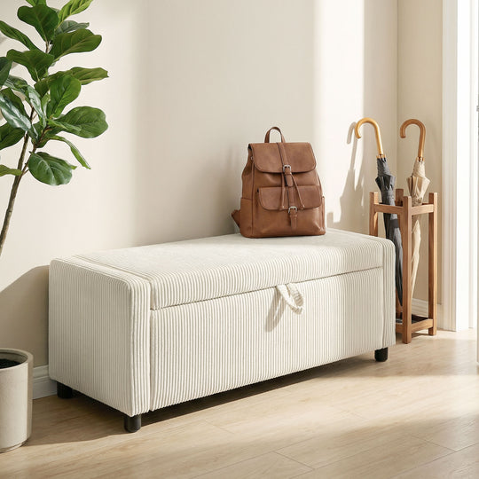 Storage Ottoman, Upholstered Corduroy End of Bed Bench with Thick Padding, Storage Bench for Bedroom, Beige