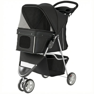 3 Wheels Foldable Dog Stroller with Storage Basket, Adjustable Canopy, Cupholder for Miniature and Small Dogs, Black