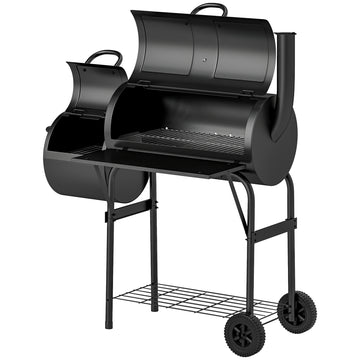 Portable Outdoor Charcoal BBQ Grill with Offset Smoker, Barbecue Grill with Spacious Cooking Area, 2 Shelves, Thermometer, Wheels for Patio Backyard Party, Black