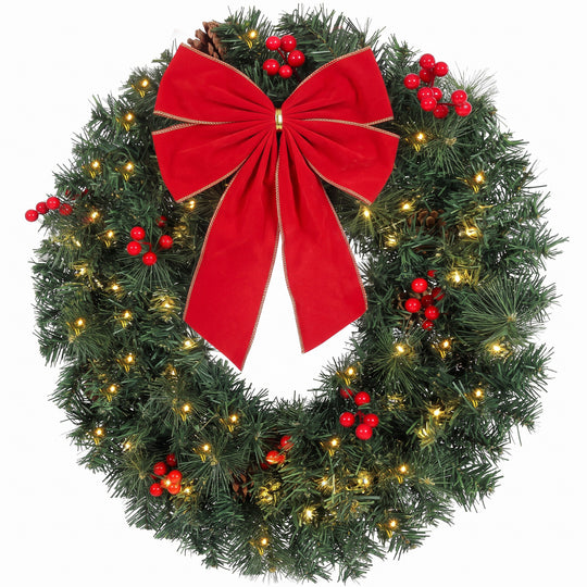 Christmas Decoration, 24 in Pre-Lit Crestwood Spruce Artificial Christmas Wreath, Bow, 50 LED Lights, Green