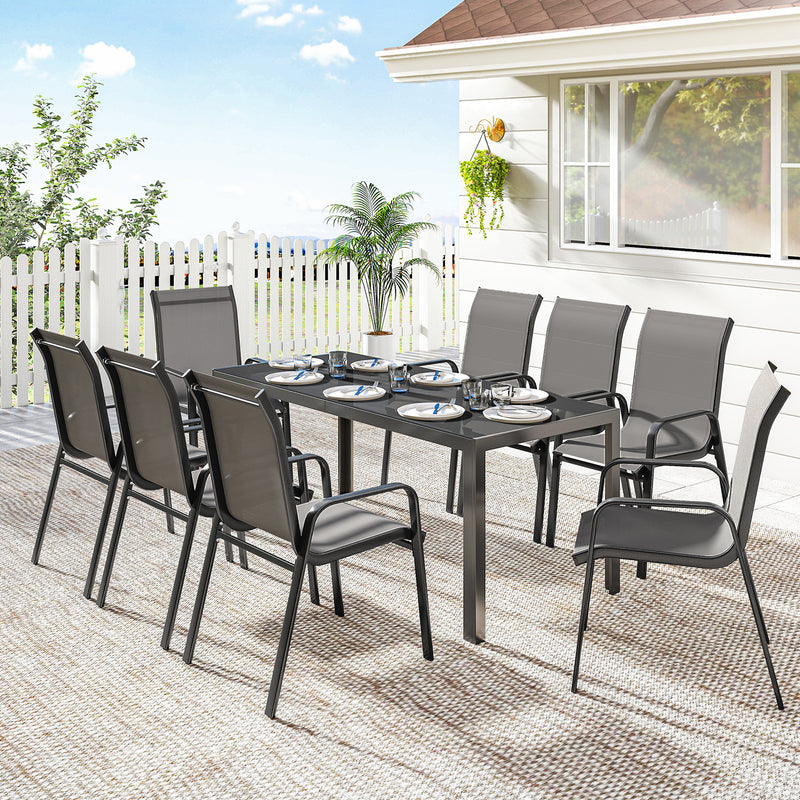 Outdoor Dining Sets for 8 with Stackable Chairs, Patio Dining Set with Glass Top Table for Garden, Patio, Backyard