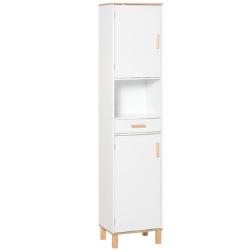 Bathroom Storage Cabinet with Cupboards and Drawer, Floor Free Standing Linen Tower, Tall Slim Side Organizer Shelves, White