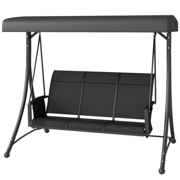 3 Person Porch Swing Outdoor Swing Chair with High Back Design, Side Pouches and Adjustable Canopy, Black