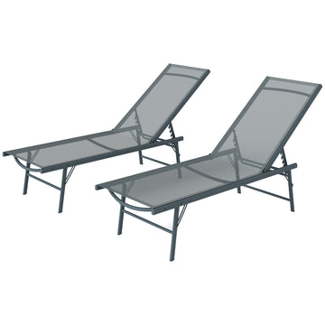 2 Pieces Folding Outdoor Lounge Chairs, Reclining Chaise Lounge Tanning Chair w/ Adjustable Back, Mesh Seat, Light Grey