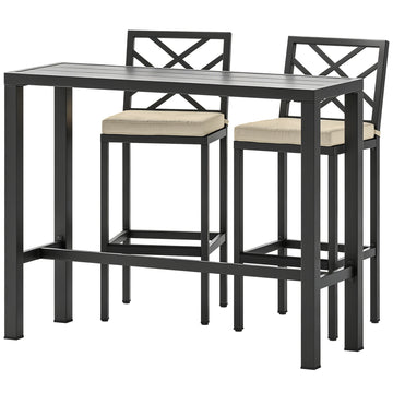 3 Piece Patio Bar Set, Outdoor Bar Table and Stools, Electrophoresis Steel Tabletop, X Back, Footrest, Cushions, Khaki