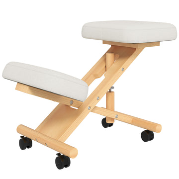 Ergonomic Kneeling Chair, Posture Chair with Rubberwood Frame, Wheels for Office, Posture Correction, Cream White