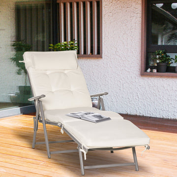 Outdoor Folding Chaise Lounge Chair Recliner with Portable Design, Adjustable Backrest, Cushion and Headrest, Cream White