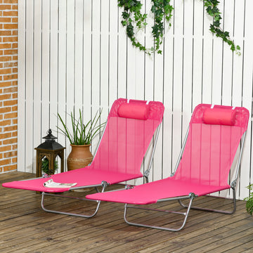 Set of 2 Folding Chaise Lounge Chairs, Outdoor Poolside Sun Tanning Chairs w/ Pillow, Reclining Backrest, Pink