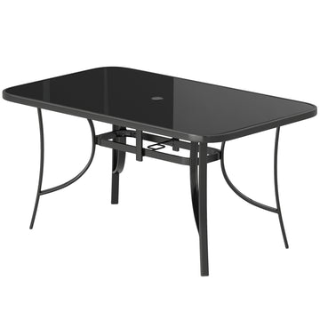 Outdoor Dining Table for 6 with Umbrella Hole, Metal Patio Dining Table with Tempered Glass Top