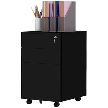 Vertical Steel Filing Cabinet on Wheels, 3-Drawer Lockable File Cabinet with Adjustable Hanging Bar for A4, Legal and Letter Size, for Home Office, Black