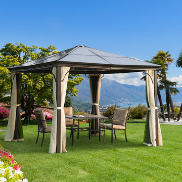 10' x 12' Hardtop Gazebo Canopy with Polycarbonate Roof, Aluminum Frame, Netting, Curtains and Ceiling Hook, Beige