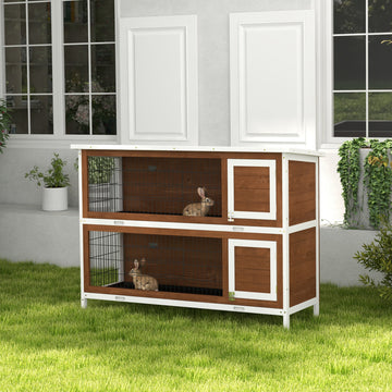 2 Tier Wooden Rabbit Hutch Bunny Pet House Wooden Coop Run, Brown