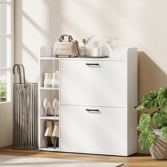 Shoe Cabinet with 2 Flip Drawers, 3 Side Compartments, Adjustable Shelves, 8-12 Pairs for Entryway Hallway, White