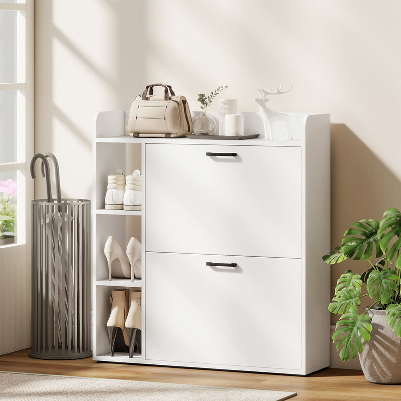 Shoe Cabinet with 2 Flip Drawers, 3 Side Compartments, Adjustable Shelves, 8-12 Pairs for Entryway Hallway, White