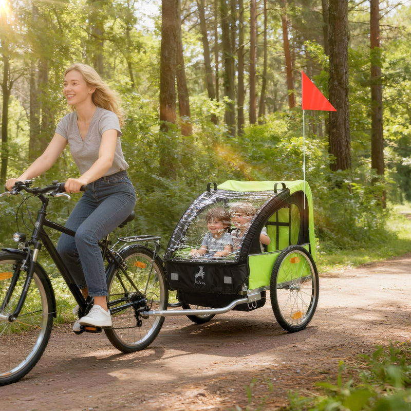 2-Seat Child Bike Trailer for Kids with a Strong Steel Frame, 5-Point Safety Harnesses, & Comfortable Seat, Green