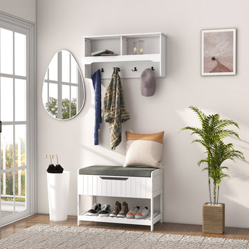 Wall Mounted Coat Rack with Shoe Storage Bench, Hall Tree and Bench, Clothes Hanger Rack with Shelves for Hallway White