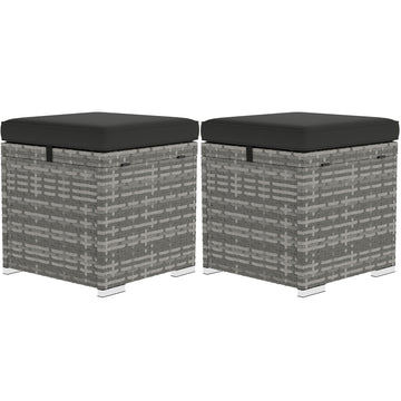 2 Pieces Wicker Outdoor Ottoman with Storage, Cushion, Square Outdoor Footstool, Seating, Side Table, Dark Grey