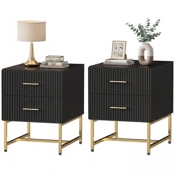 2 Pieces Nightstands with Storage, Modern Bedside Tables with 2 Fluted Drawers and Gold Legs for Bedroom, Black