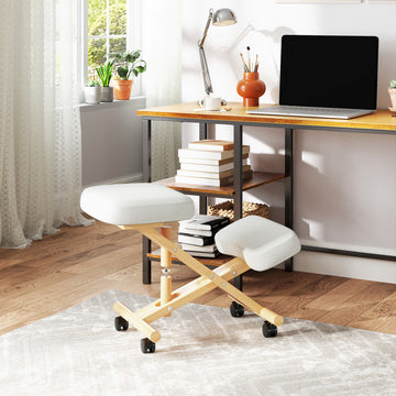 Ergonomic Kneeling Chair, Posture Chair with Rubberwood Frame, Wheels for Office, Posture Correction, Cream White