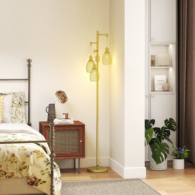 Industrial Floor Lamp with 3 Hanging Wire Lampshades, Dimmable Standing Lamp for Living Room, Gold