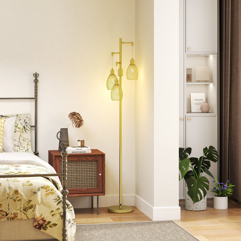 Industrial Floor Lamp with 3 Hanging Wire Lampshades, Dimmable Standing Lamp for Living Room, Gold