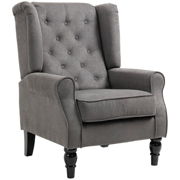Fabric Accent Chair, Button Tufted Armchair, Upholstered Modern Living Room Chair, Wingback Chair with Wood Legs, Rolled Arms, Thick Padding for Bedroom, Charcoal Grey
