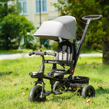 Qaba Tricycle for Toddler 4 in 1 Kids Trike with Reversible Adjustable Seat, Baby Push Bike with Removable Handle, Curved Canopy, Belt Storage Brake Clutch for 1-5 Years, Grey