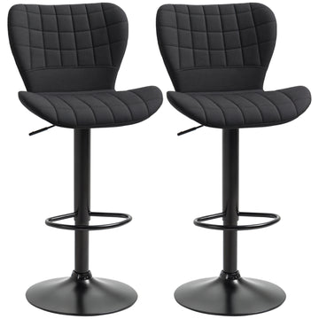 Bar Stools Set of 2, Adjustable Height Swivel Bar Chairs, Linen-feel Fabric Upholstered Kitchen Counter Stools with Wide Seat, Back and Footrest, Black