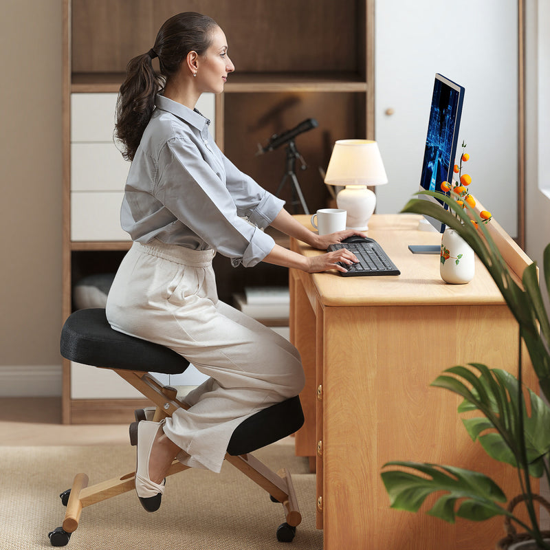 Ergonomic Kneeling Chair, Posture Chair with Rubberwood Frame, Rolling Wheels for Office, Posture Correction, Black