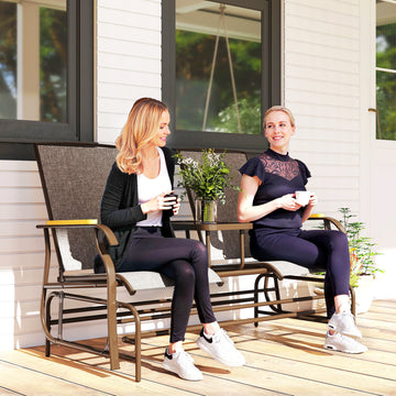 Outdoor 2-Person Glider Bench, Outside Swing Glider Chair Loveseat with Breathable Mesh, Table, Steel Frame